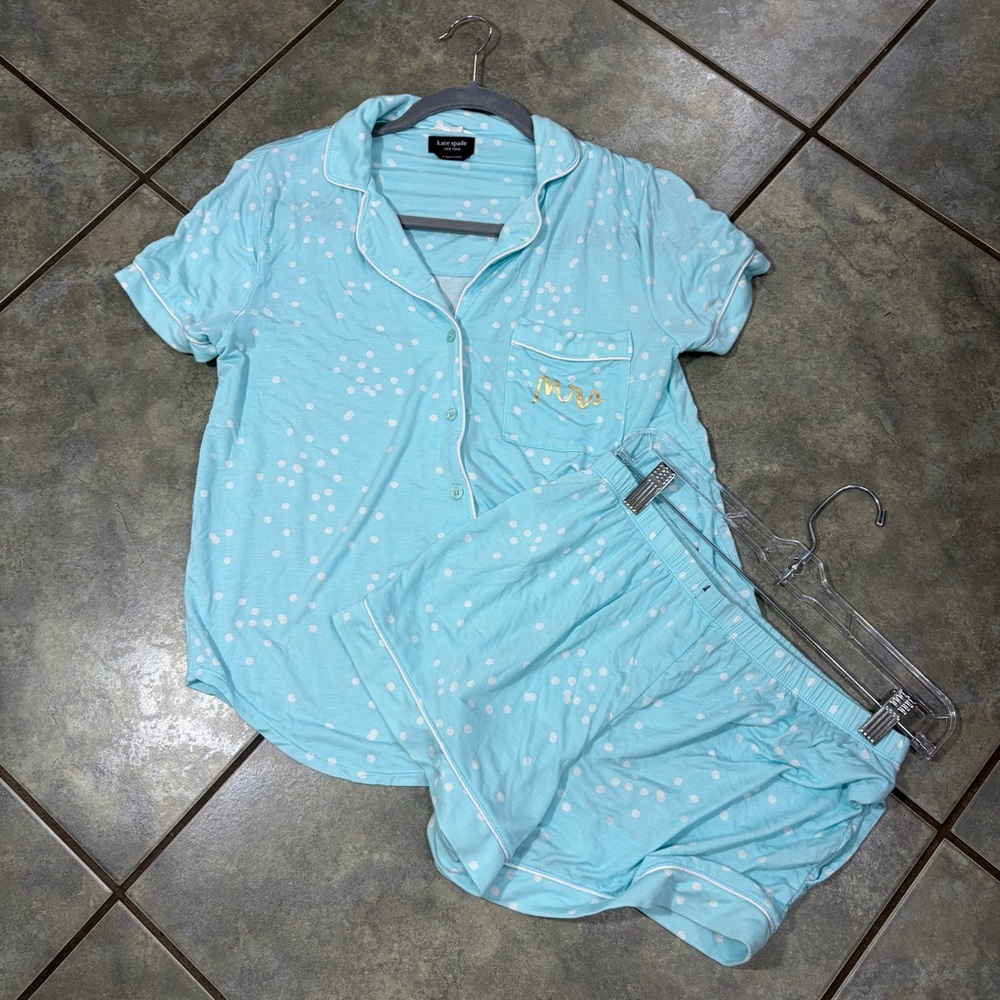 Kate Spade Womens MRS Bride Blue Polka Dot Pajamas Set Sz S Shirt &Short Comfy - Picture 7 of 7